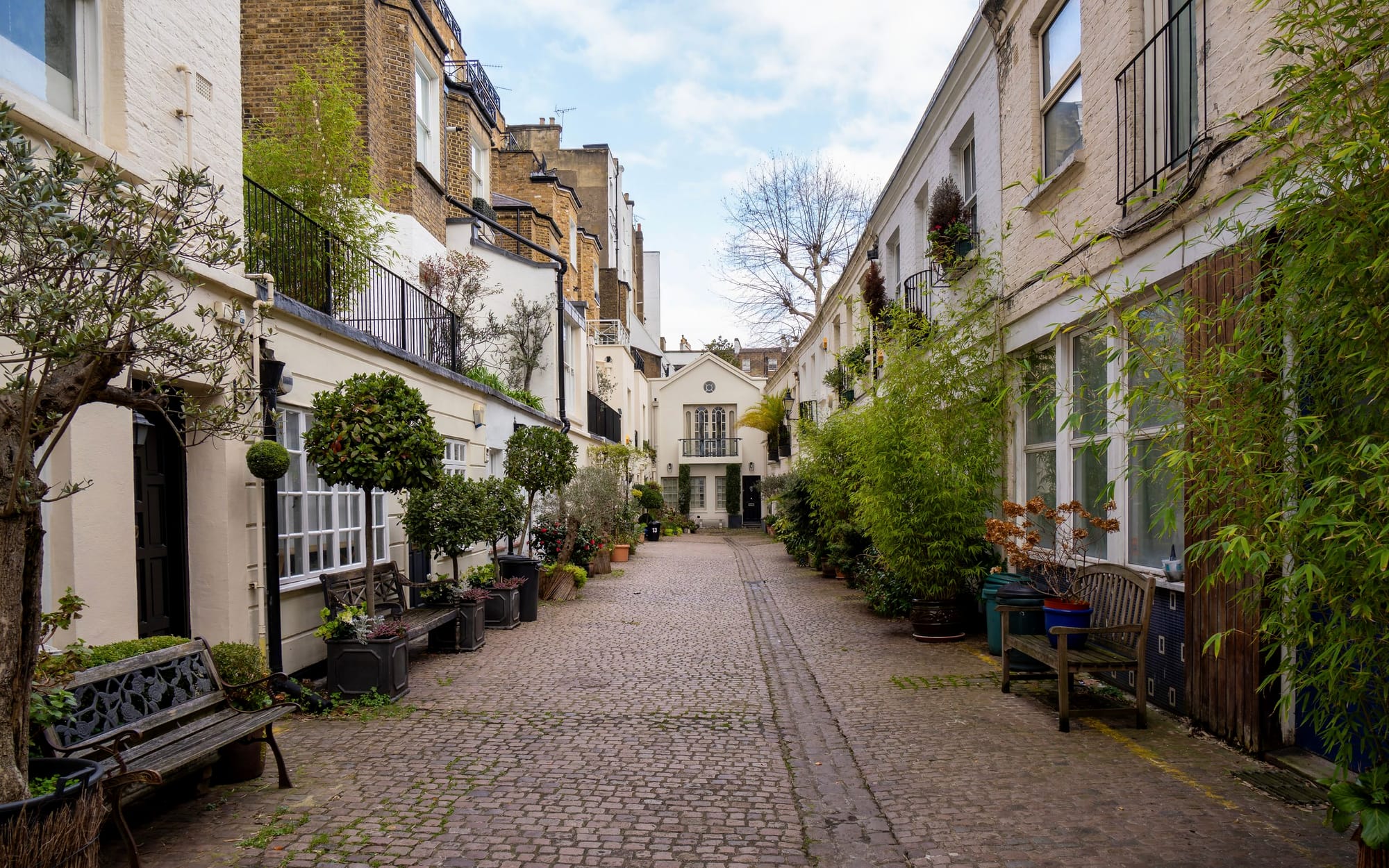 A Marylebone mews with pale brick frontages and hanging plants